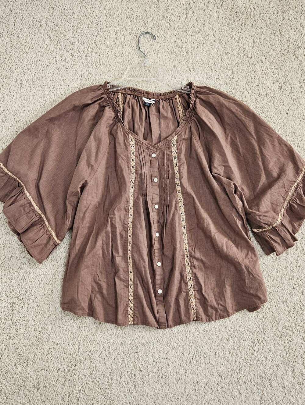 American Eagle Peasant Shirt Ruffle Button Up Boho Chocolate Brown Womens M